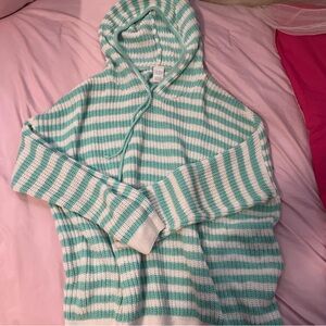Striped Green and White Hooded Sweater Mesh Material